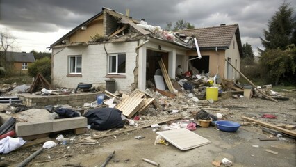 House Ruin After Storm with Debris and Garbage Outside