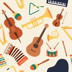 Seamless vector pattern with colorful fun musical instruments.