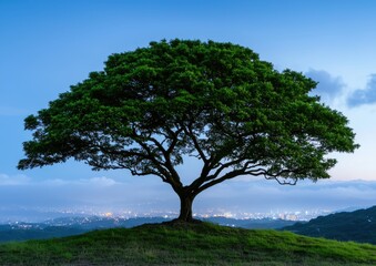 Obraz premium A solitary tree stands majestically on a hill, framed by a serene twilight sky and distant city lights.