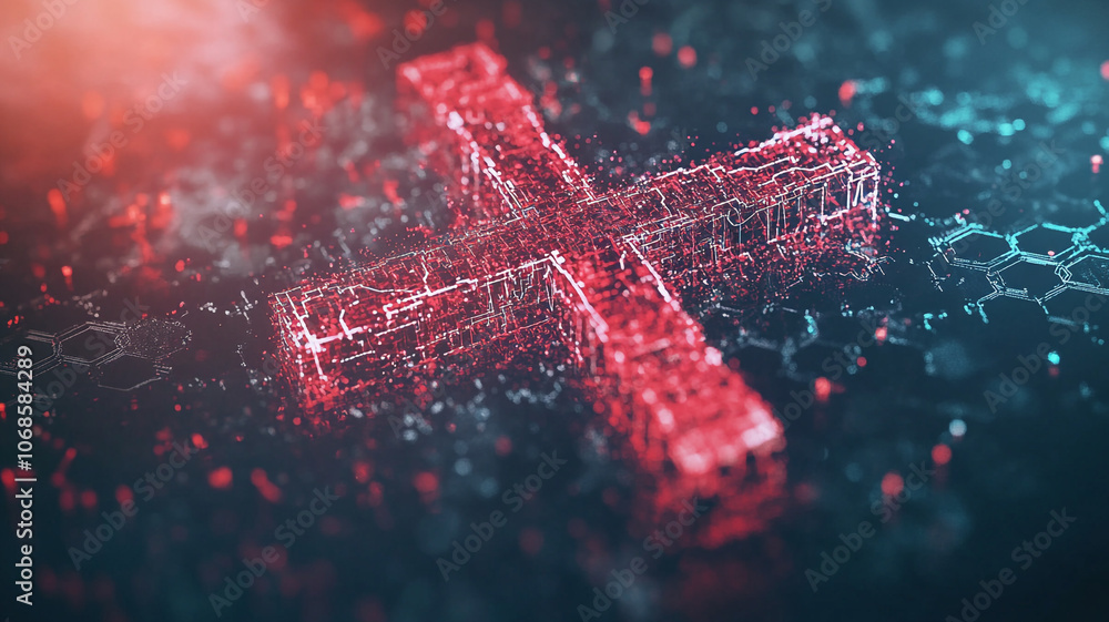 Poster abstract digital representation of a glowing cross on a dark background in a futuristic style