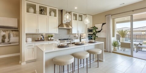 Modern Kitchen with Island, Barstools, and Sliding Glass Doors