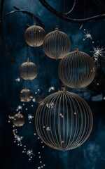 A mesmerizing painting with golden spherical ornaments hanging from a dark mysterious background creates a Christmas atmosphere.