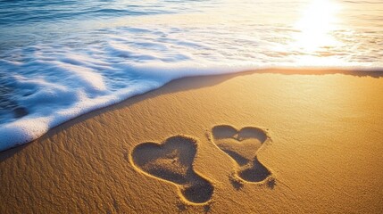 A romantic beach sunset with two heart-shaped footprints in the sand, symbolizing love and connection for Valentine's Day.