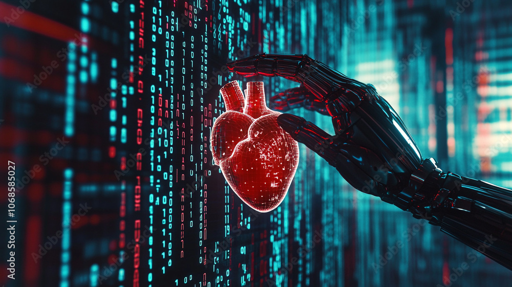 Poster a robotic hand reaching for a glowing heart amidst a background of digital data and numbers