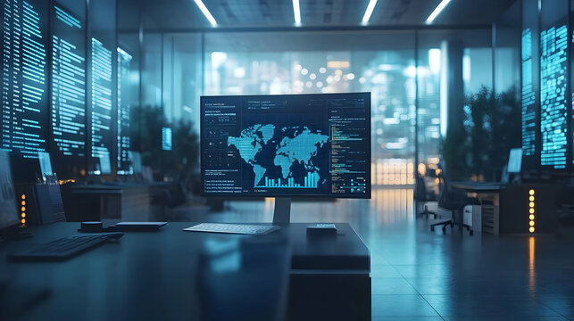 3D Illustration - Global Data Analysis on Computer Screen in Dark Office