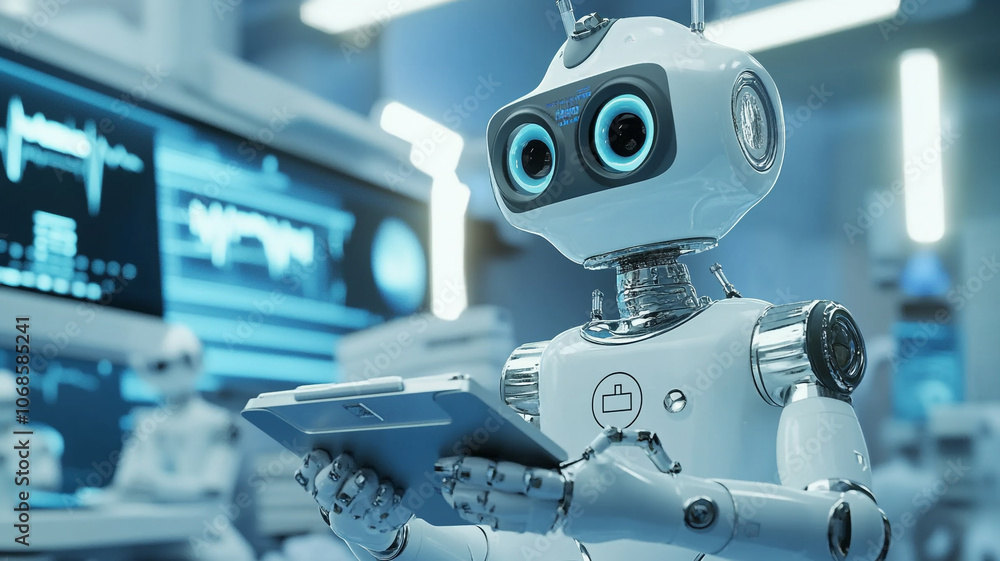 Poster a humanoid robot interacts with a tablet in a modern technological environment