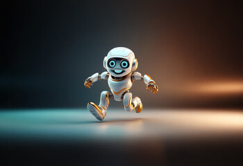 A white robot with gold accents is running, smiling, and looking directly at the viewer. The robot is against a dark background illuminated with blue and orange light.