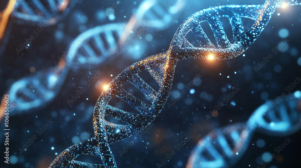 Poster a close-up view of a glowing dna double helix against a dark background filled with particles