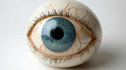 Closeup of a ceramic eye sculpture with blue iris and eyelashes.