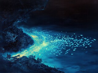 Obraz premium Tropical fish swimming near coral reef at night.