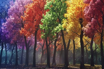 Fototapeta premium A Mystical Forest with Rainbow-Colored Trees and Falling Lights