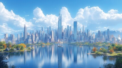 Fototapeta premium futuristic skyline of a smart city with modern skyscrapers reflecting the blue sky, showcasing architectural innovation and a vibrant corporate environment