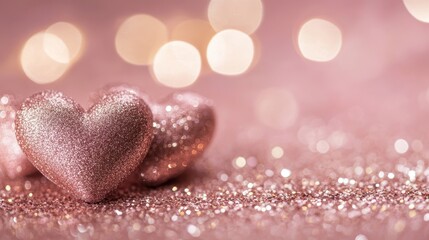 Obraz premium A soft pink background with a scattering of heart-shaped glitter and bokeh lights, ideal for Valentine Day decorations.