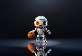 A white and gold robot with yellow eyes holds a basketball in front of a dark background.
