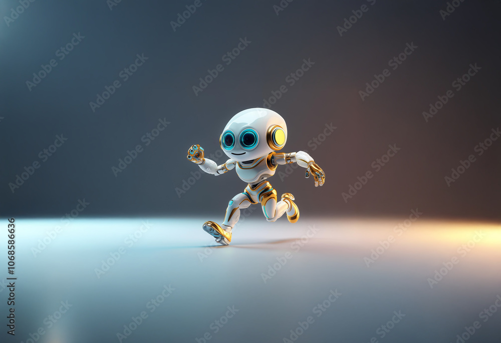 Poster A white robot with blue eyes is running in a studio setting with dramatic lighting.