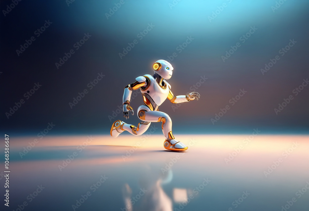 Poster a white and gold robot runs forward with a determined expression. its metallic body shines under a b