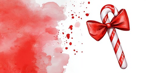 A festive candy cane with a red bow on a textured red watercolor background, evoking holiday cheer and celebration.