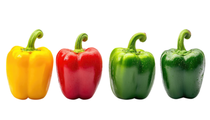 Four raw and fresh peppers. A healthy food. transparent background