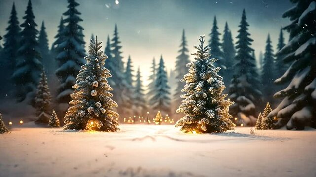 Enchanted Winter Forest: A serene and magical winter scene with snow-covered pine trees illuminated by warm, glowing lights.