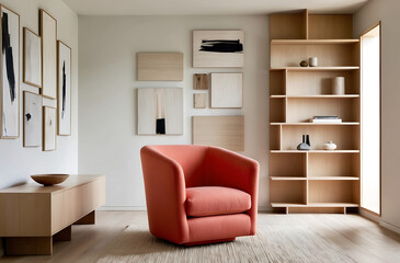 Modern living room with coral armchair and minimalist shelving, abstract art on the walls. Minimalist, japandi style interior design.