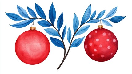 A festive illustration featuring red ornaments hanging from a branch with blue leaves, perfect for holiday decorations and seasonal themes.