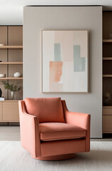 Modern living room with coral armchair and minimalist shelving, abstract art on the walls. Minimalist, japandi style interior design.
