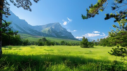 Obraz premium An expansive green meadow with a distant mountain range framed by tall trees and a clear blue sky exuding tranquility