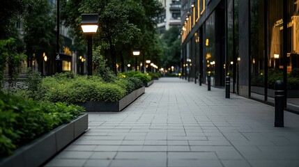 Fototapeta premium Modern urban walkway with illuminated street lamps and lush green plants along paved sidewalk