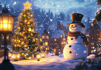 Obraz premium Snowy Christmas scene featuring a snowman, illuminated tree, and cozy village lights on a magical evening