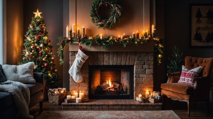 A cozy lit fireplace in a home during Christmas, with warm flames dancing and holiday decorations adding festive cheer to the room’s ambiance