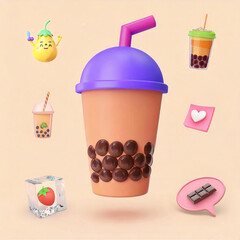 3D Bubble Tea Chocolate Coffee Milkshake with icons