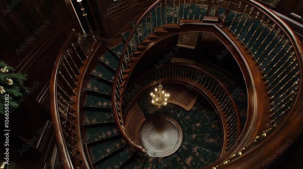 Poster overhead view of a spiral staircase with brass railing