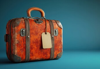 Vintage Suitcase with Tag on Blue Background