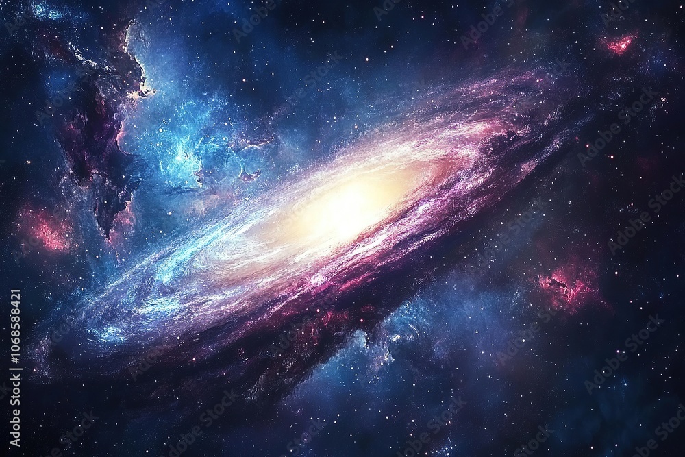 Poster spiral galaxy with glowing core in deep space.