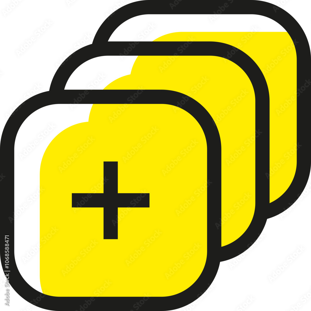 Poster yellow plus signs stacked in a row, symbolizing addition or positive contributions in a digital desi