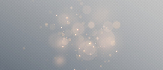 Vector gold sparkle, dust, Bokeh, glitter particles background effect. Glowing light effect with glitter on transparent background.
