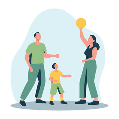 Flat Design Illustration of a Family Playing Together, Parents and Child Engaged in Outdoor Activity with a Ball. Vector Art Representing Family Bonding, Recreation, and Healthy Lifestyle