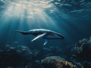 Fototapeta premium Humpback whale swimming over coral reef underwater.