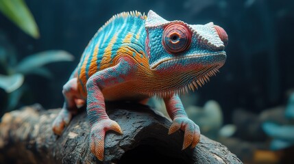 Obraz premium A vibrant blue, yellow, and orange chameleon perched on a branch, its red eyes staring intently.