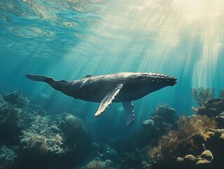 Fototapeta premium Humpback whale swimming over coral reef underwater.