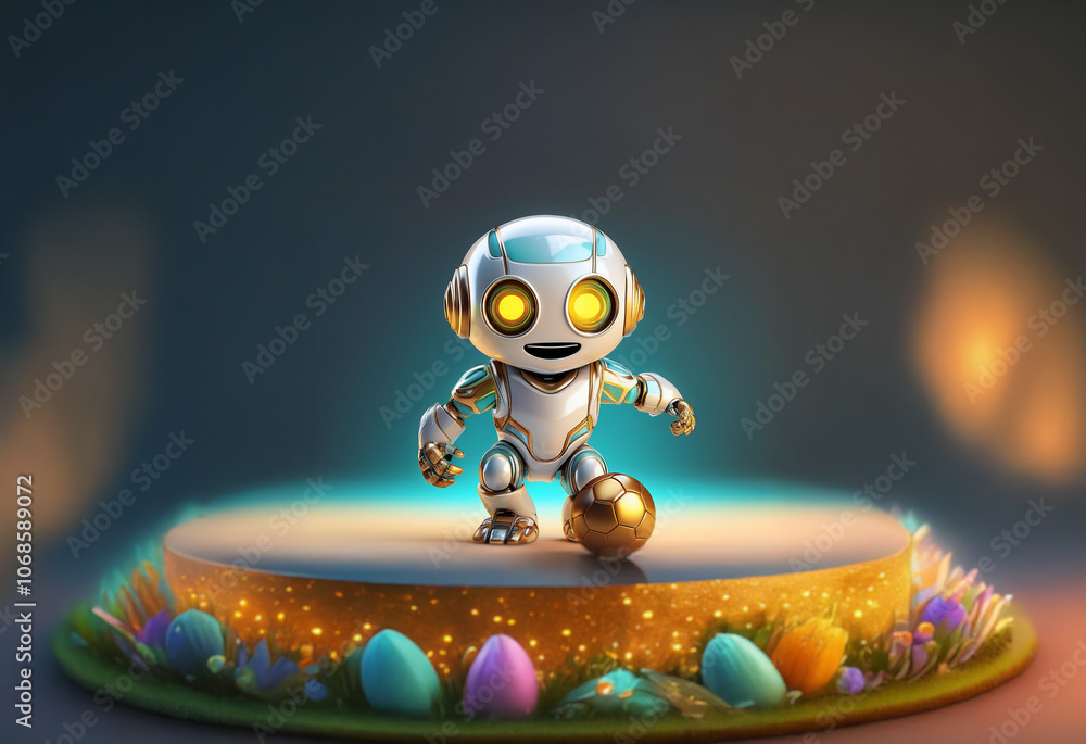 Poster a friendly robot with glowing eyes stands on a platform surrounded by colorful eggs.