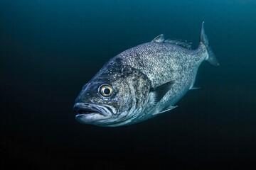Fototapeta premium Close-up of underwater fish swimming in deep ocean darkness.