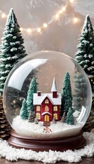 A charming snow globe featuring a cozy winter cabin surrounded by snowy trees and glowing lights