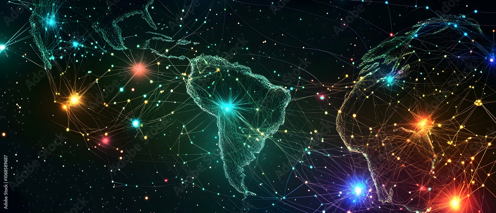 Poster abstract digital world map with glowing lines and connections.