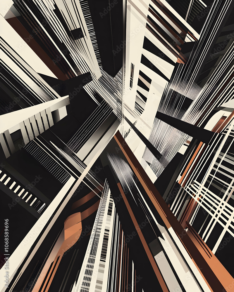Aufkleber abstract geometric pattern of intersecting lines and shapes in black, white, and orange, creating a 