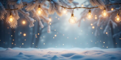 Naklejka premium Snowy Forest with Warm String Lights for Christmas or Winter Background