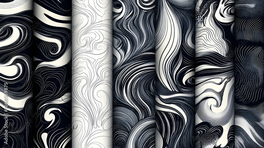 Poster abstract seamless pattern collection in black and white colors with swirl, wave and fluid elements.