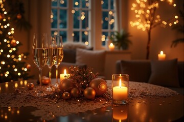 Romantic Christmas Dinner Table Setting with Champagne and Candles