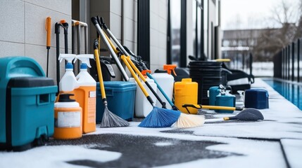 Various cleaning tools and supplies on a snowy surface by an outdoor pool, including brooms, spray bottles, and buckets.