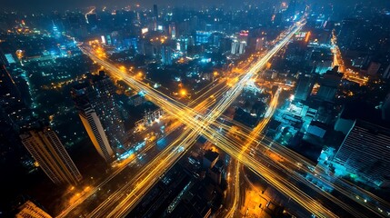 Aerial Night View of a City Intersection with Light Trails